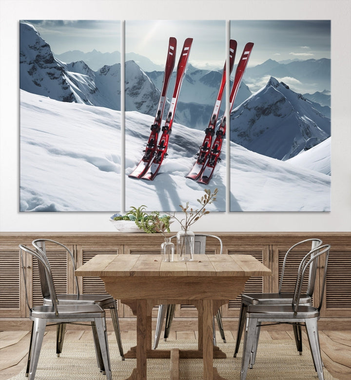 Pair of Skis in Snow Mountain Landscape Print Skiing Extreme Sports Wall Art Canvas