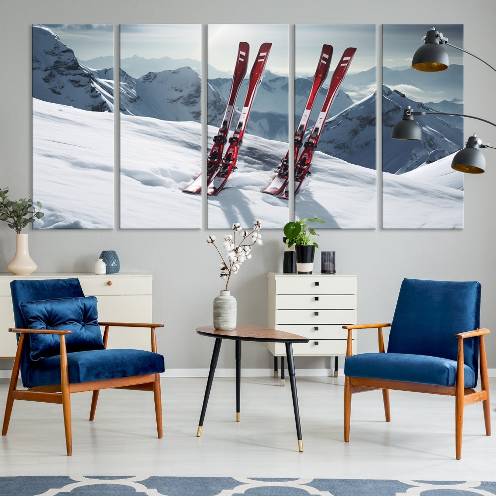 Pair of Skis in Snow Mountain Landscape Print Skiing Extreme Sports Wall Art Canvas