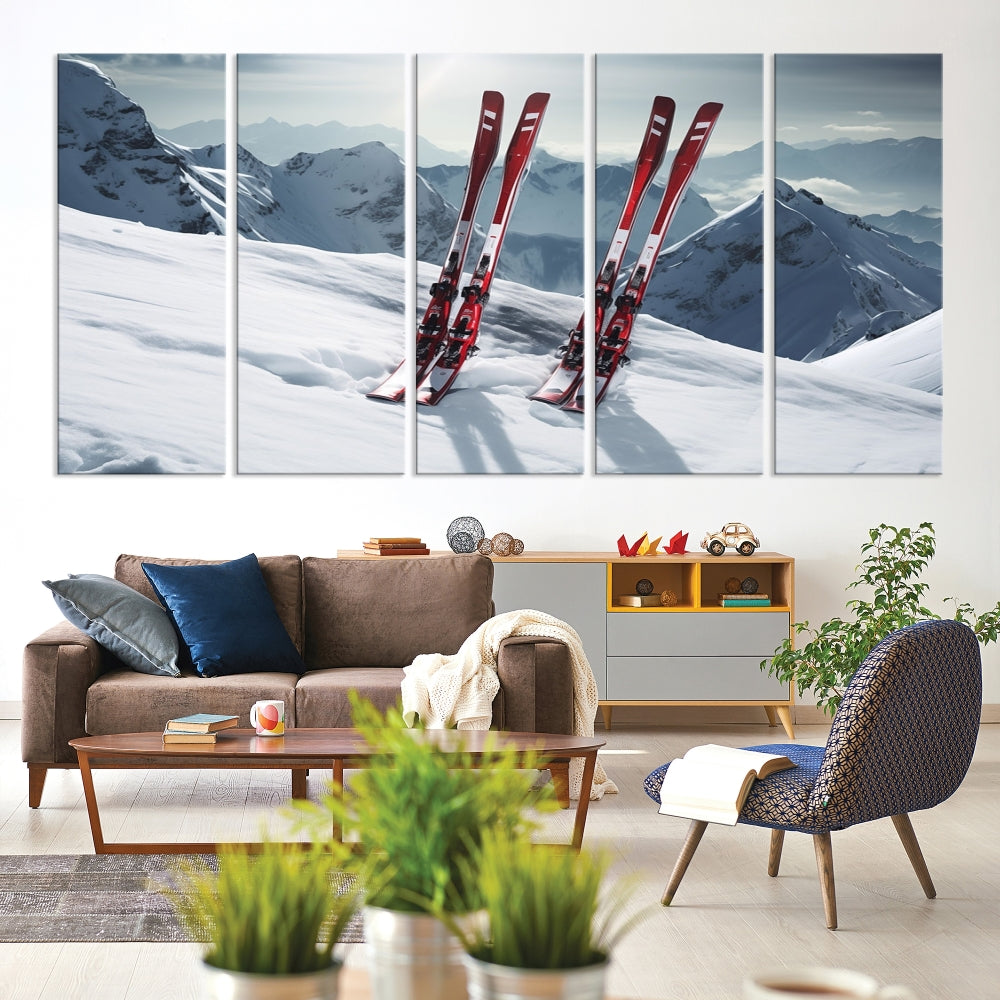 Pair of Skis in Snow Mountain Landscape Print Skiing Extreme Sports Wall Art Canvas