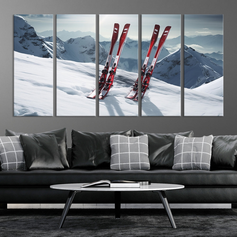 Pair of Skis in Snow Mountain Landscape Print Skiing Extreme Sports Wall Art Canvas