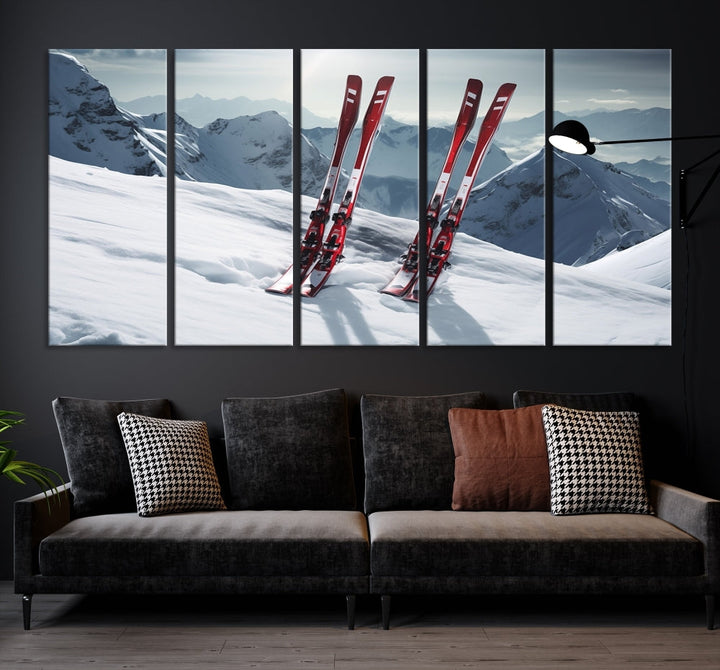 Pair of Skis in Snow Mountain Landscape Print Skiing Extreme Sports Wall Art Canvas