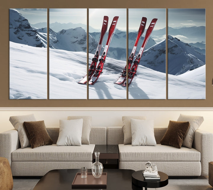 Pair of Skis in Snow Mountain Landscape Print Skiing Extreme Sports Wall Art Canvas