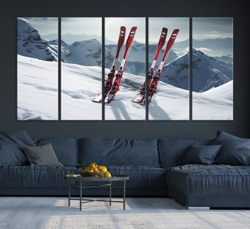 Pair of Skis in Snow Mountain Landscape Print Skiing Extreme Sports Wall Art Canvas