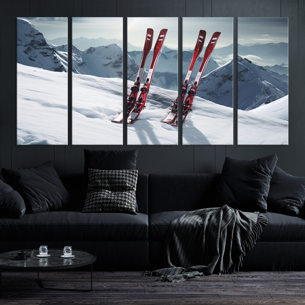 Pair of Skis in Snow Mountain Landscape Print Skiing Extreme Sports Wall Art Canvas