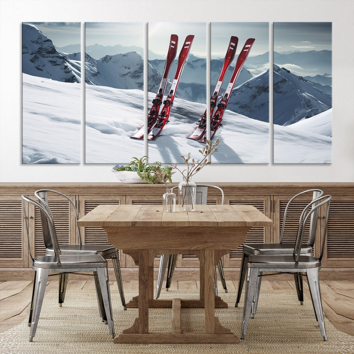 Pair of Skis in Snow Mountain Landscape Print Skiing Extreme Sports Wall Art Canvas