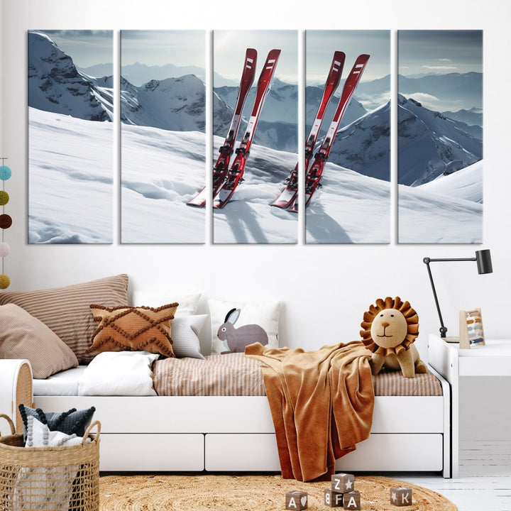 Pair of Skis in Snow Mountain Landscape Print Skiing Extreme Sports Wall Art Canvas