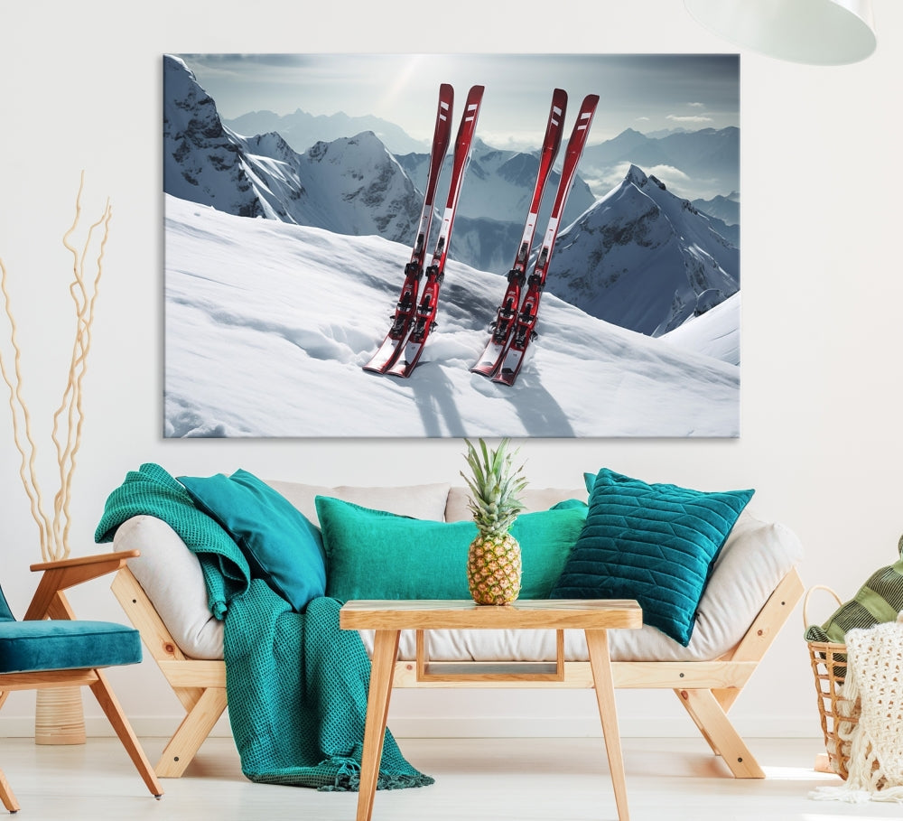 Pair of Skis in Snow Mountain Landscape Print Skiing Extreme Sports Wall Art Canvas