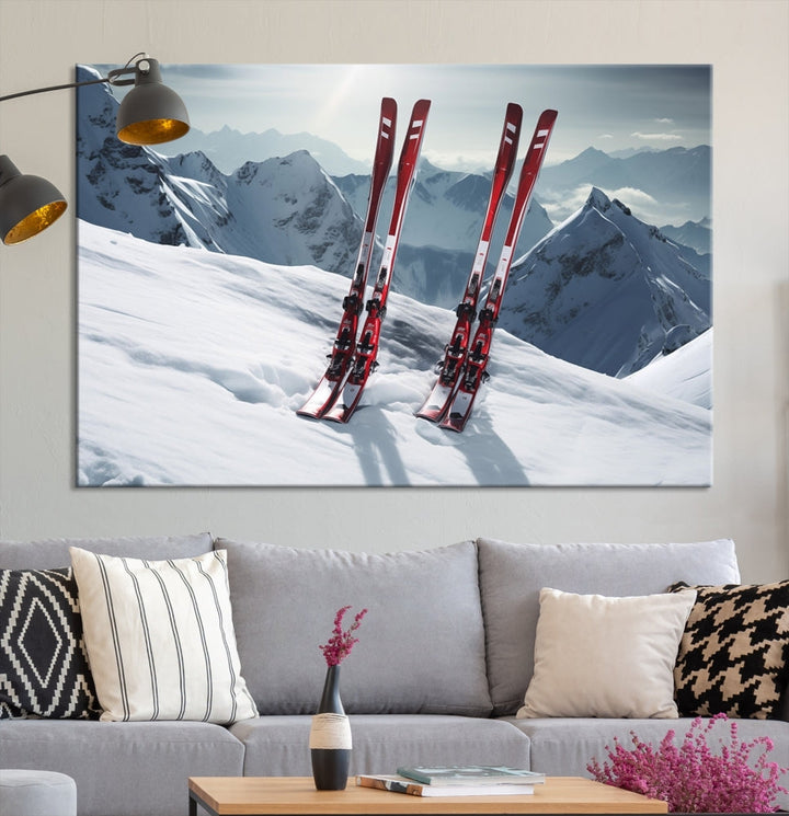 Pair of Skis in Snow Mountain Landscape Print Skiing Extreme Sports Wall Art Canvas