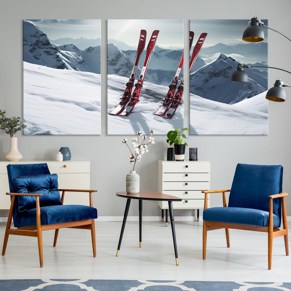 Pair of Skis in Snow Mountain Landscape Print Skiing Extreme Sports Wall Art Canvas