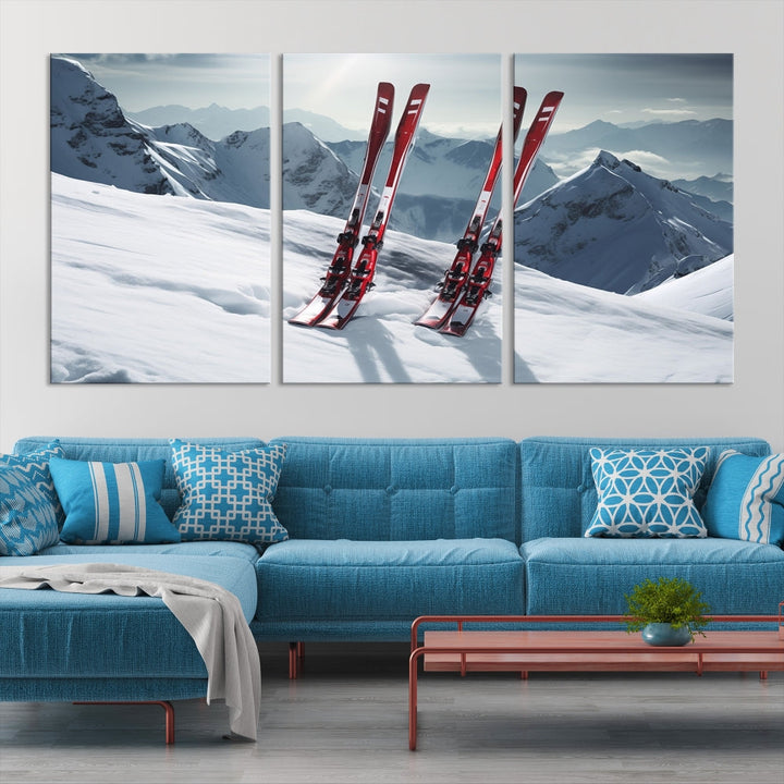 Pair of Skis in Snow Mountain Landscape Print Skiing Extreme Sports Wall Art Canvas