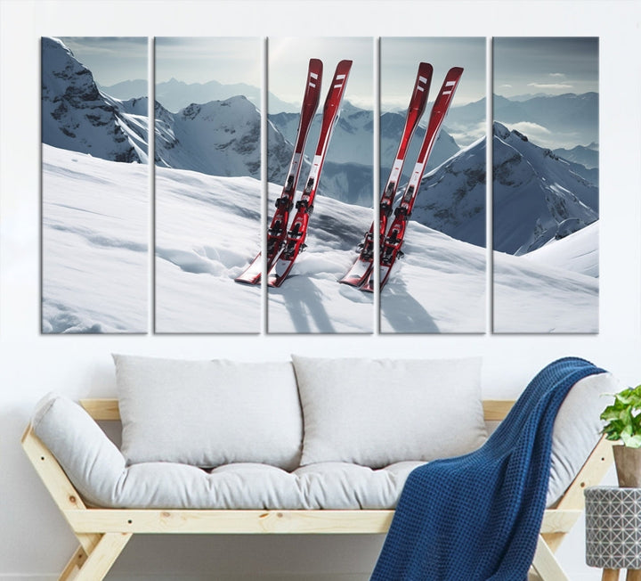 Pair of Skis in Snow Mountain Landscape Print Skiing Extreme Sports Wall Art Canvas