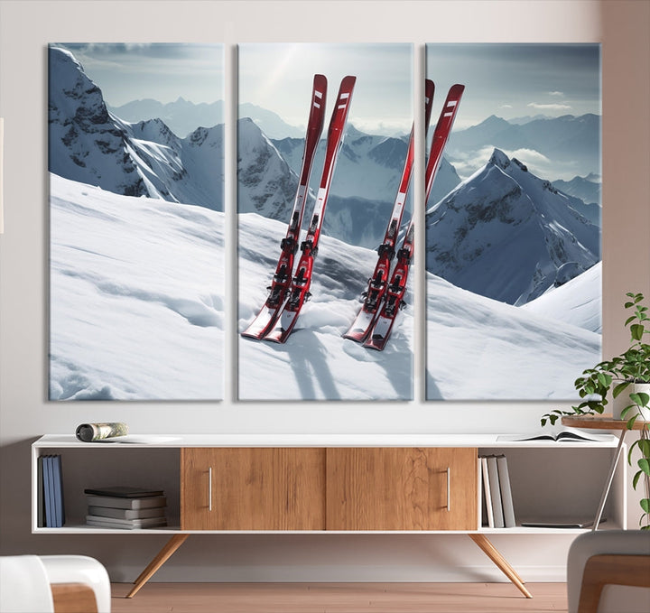 Pair of Skis in Snow Mountain Landscape Print Skiing Extreme Sports Wall Art Canvas