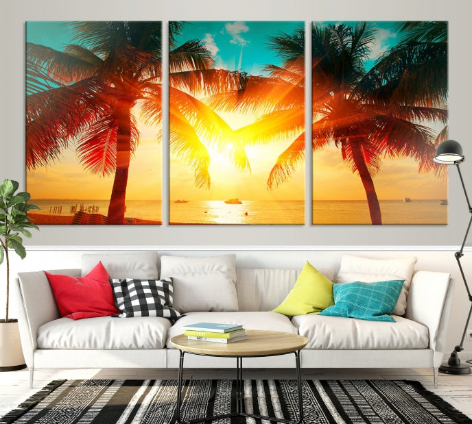 Palm and Sunset Tropical Beach Canvas Wall Art Giclee Print