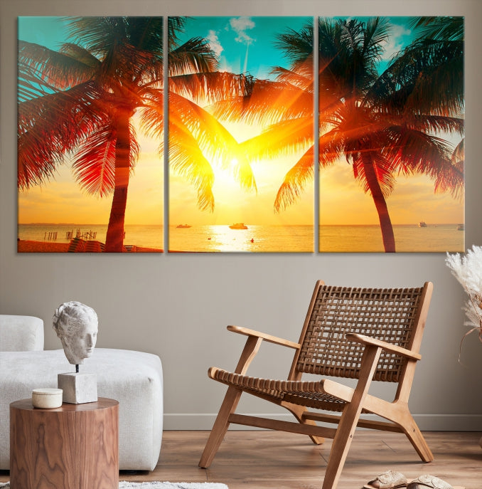 Palm and Sunset Tropical Beach Canvas Wall Art Giclee Print