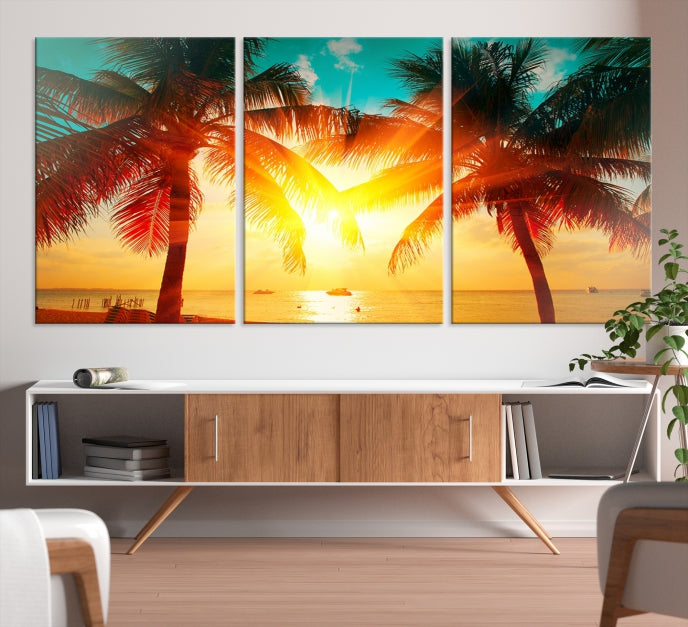 Palm and Sunset Tropical Beach Canvas Wall Art Giclee Print