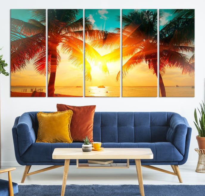 Palm and Sunset Tropical Beach Canvas Wall Art Giclee Print