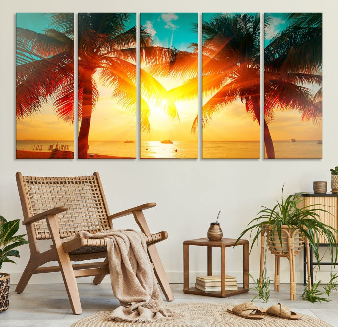 Palm and Sunset Tropical Beach Canvas Wall Art Giclee Print