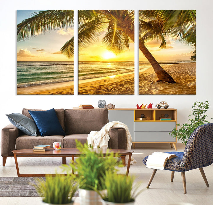 Palm on Tropical Beach at Sunset Wall Art Large Canvas Print