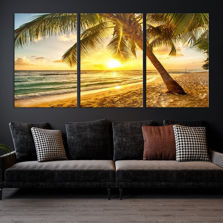 Palm on Tropical Beach at Sunset Wall Art Large Canvas Print