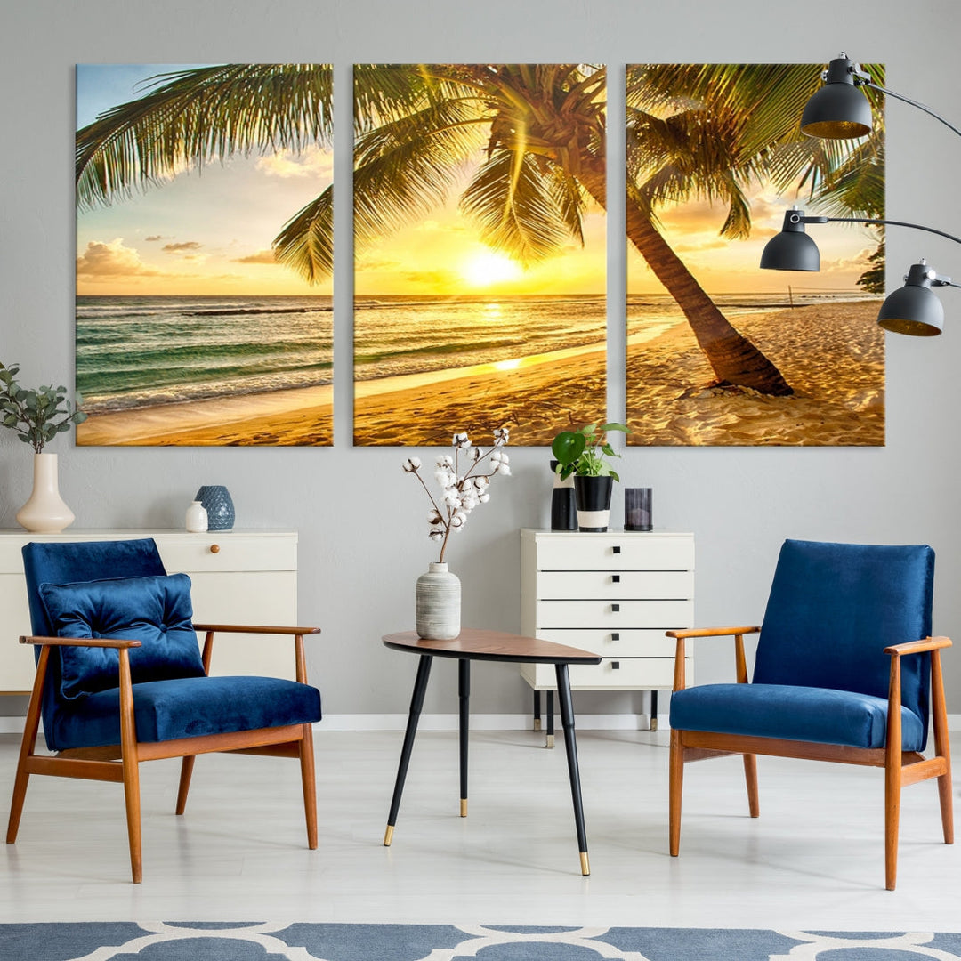 Palm on Tropical Beach at Sunset Wall Art Large Canvas Print