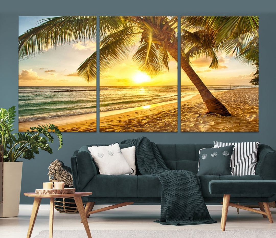 Palm on Tropical Beach at Sunset Wall Art Large Canvas Print