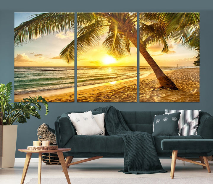 Palm on Tropical Beach at Sunset Wall Art Large Canvas Print