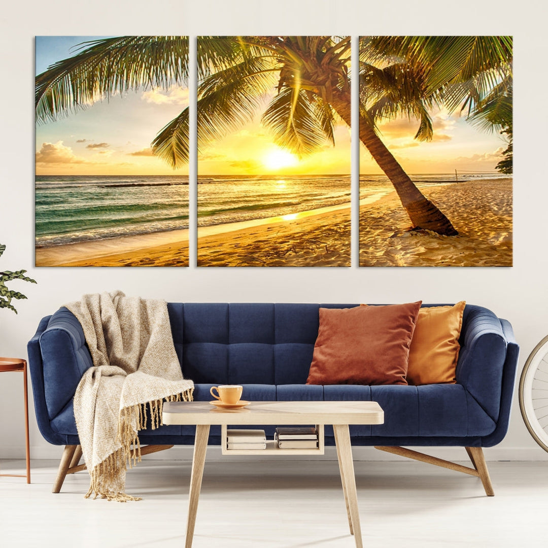 Palm on Tropical Beach at Sunset Wall Art Large Canvas Print