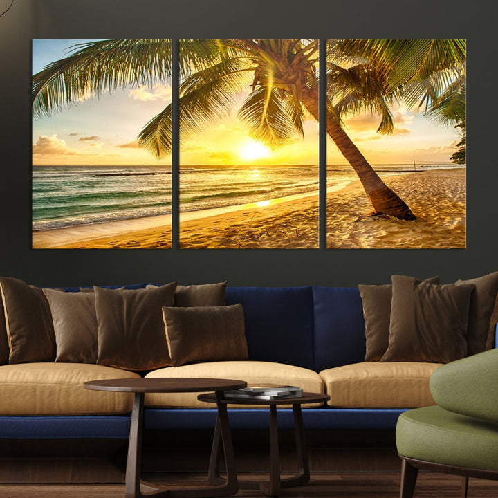 Palm on Tropical Beach at Sunset Wall Art Large Canvas Print