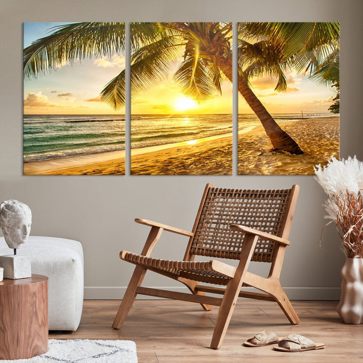 Palm on Tropical Beach at Sunset Wall Art Large Canvas Print