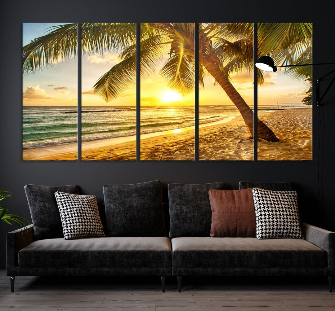 Palm on Tropical Beach at Sunset Wall Art Large Canvas Print