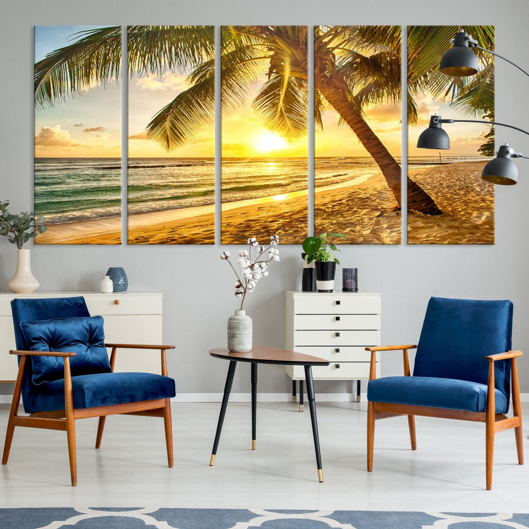 Palm on Tropical Beach at Sunset Wall Art Large Canvas Print