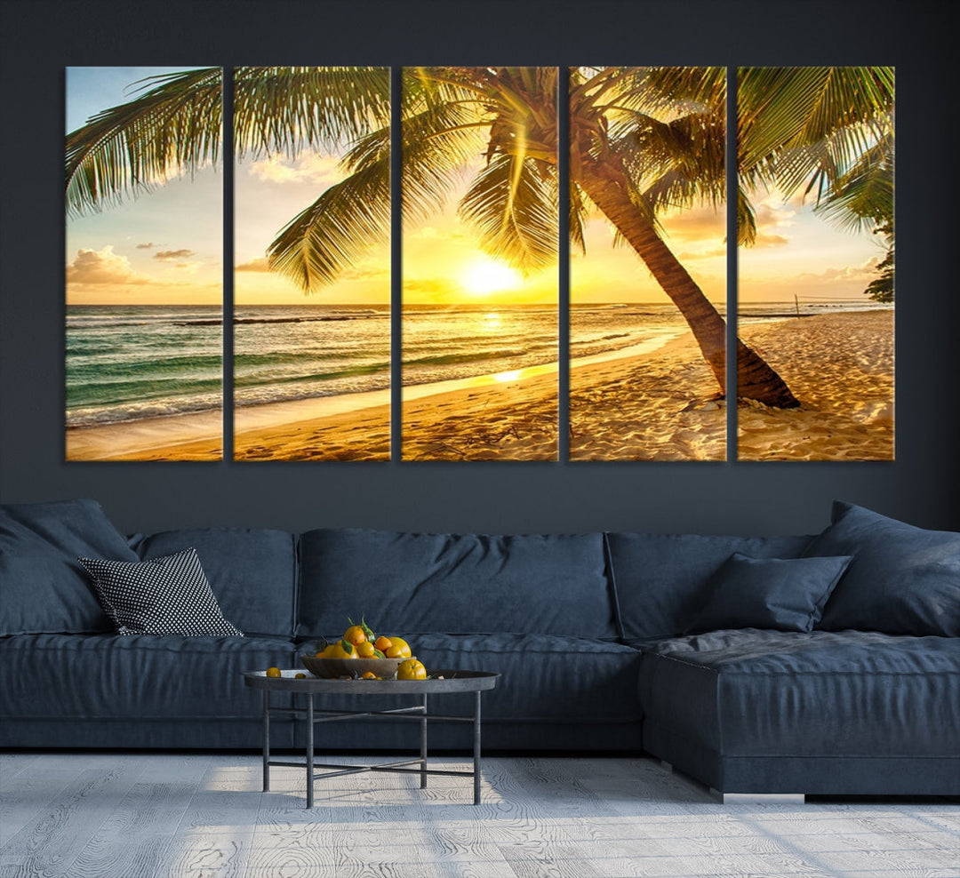 Palm on Tropical Beach at Sunset Wall Art Large Canvas Print