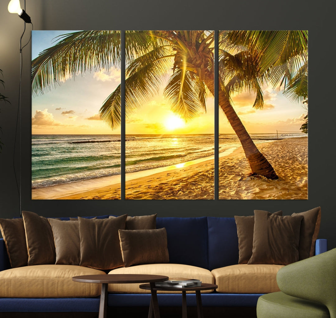 Palm on Tropical Beach at Sunset Wall Art Large Canvas Print