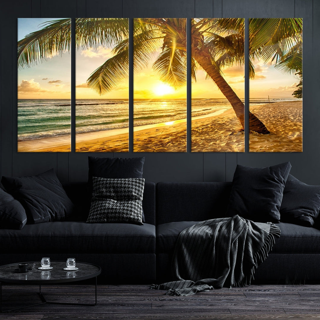 Palm on Tropical Beach at Sunset Wall Art Large Canvas Print