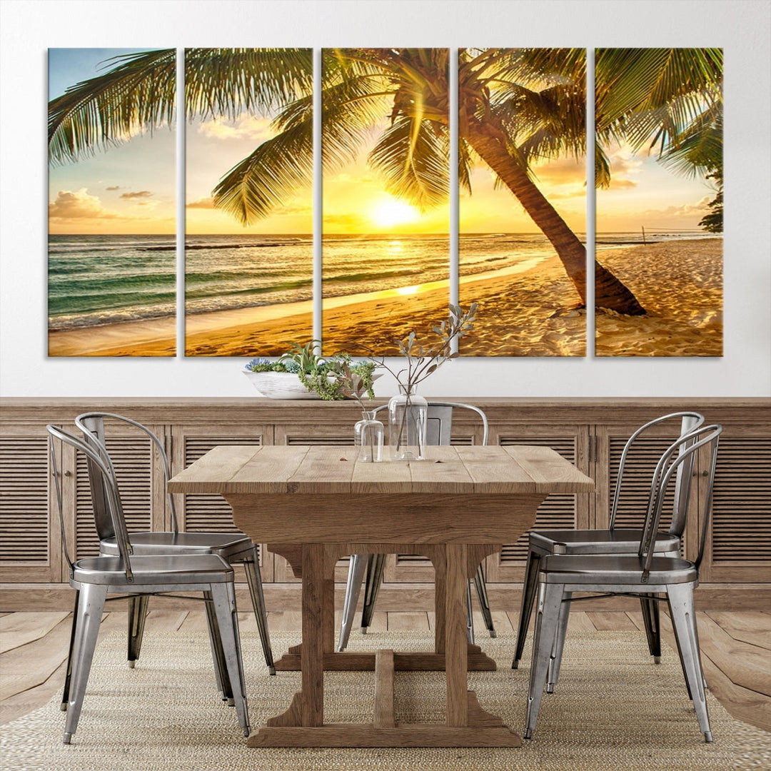 Palm on Tropical Beach at Sunset Wall Art Large Canvas Print