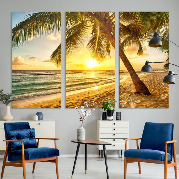 Palm on Tropical Beach at Sunset Wall Art Large Canvas Print