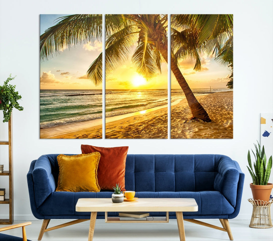 Palm on Tropical Beach at Sunset Wall Art Large Canvas Print