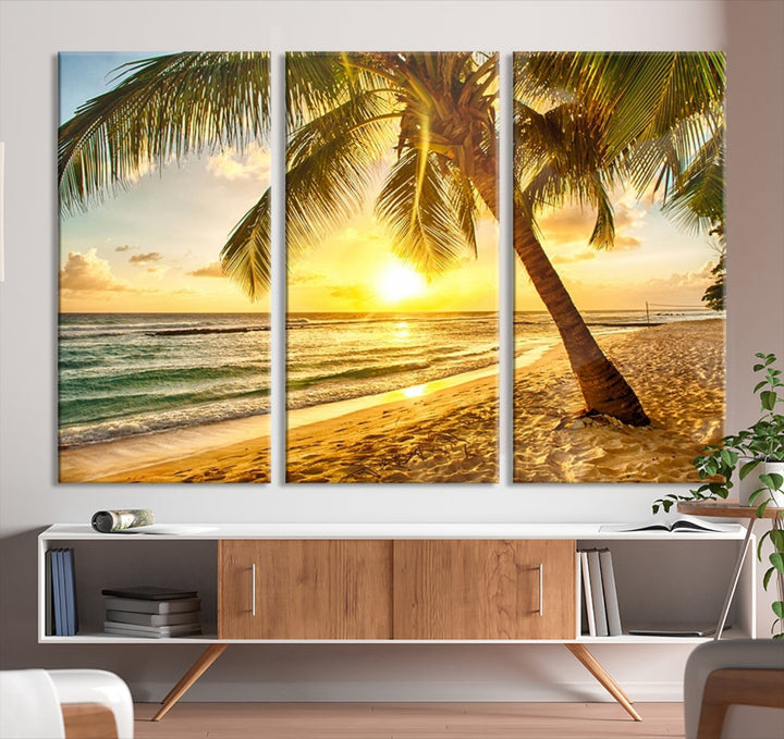 Palm on Tropical Beach at Sunset Wall Art Large Canvas Print