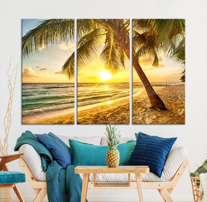 Palm on Tropical Beach at Sunset Wall Art Large Canvas Print