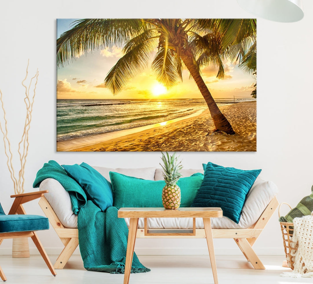 Palm on Tropical Beach at Sunset Wall Art Large Canvas Print