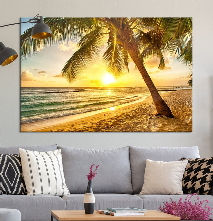 Palm on Tropical Beach at Sunset Wall Art Large Canvas Print