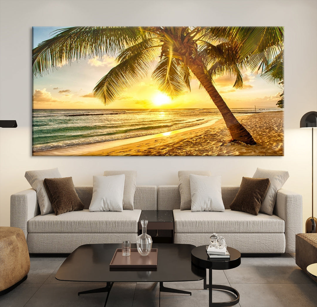 Palm on Tropical Beach at Sunset Wall Art Large Canvas Print