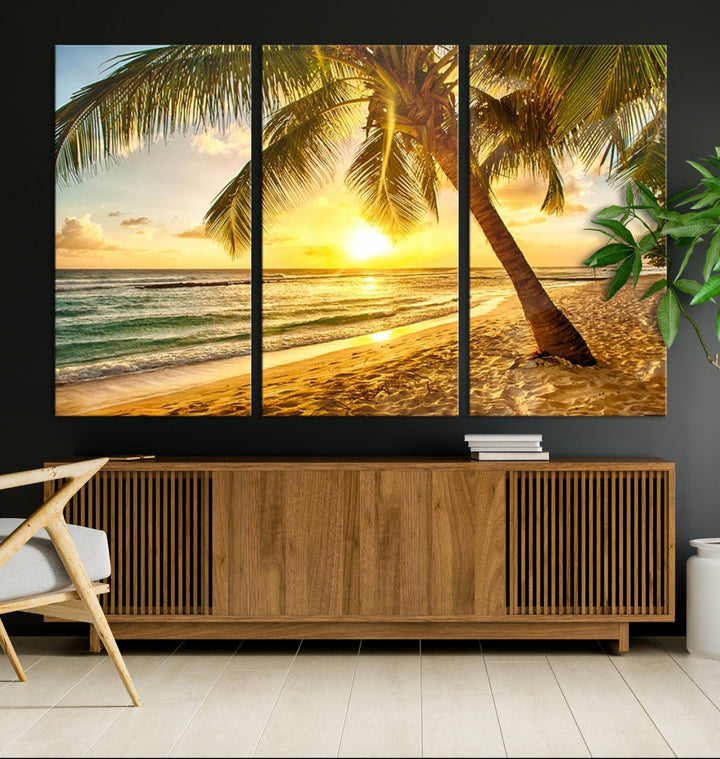 Palm on Tropical Beach at Sunset Wall Art Large Canvas Print