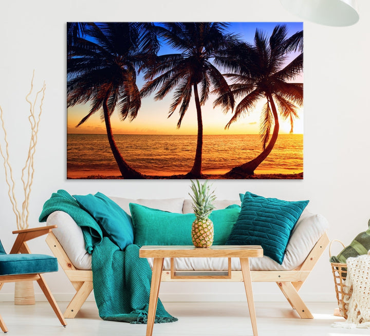 Palms at Sunset on Beach Large Canvas Art Print for Living Room Hallway Wall Decor