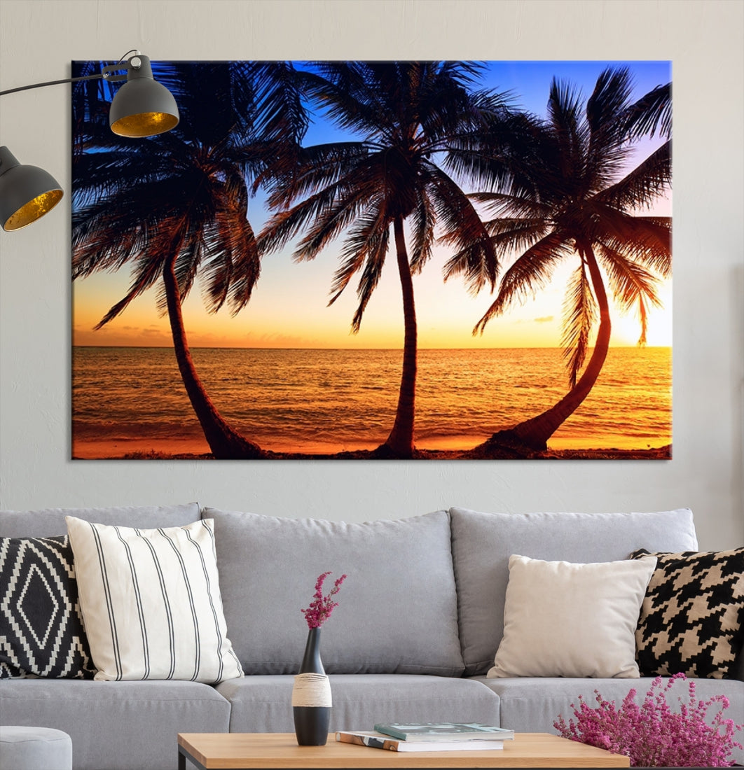 Palms at Sunset on Beach Large Canvas Art Print for Living Room Hallway Wall Decor