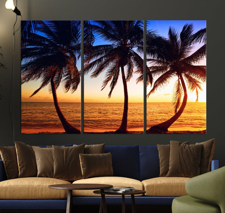 Palms at Sunset on Beach Large Canvas Art Print for Living Room Hallway Wall Decor