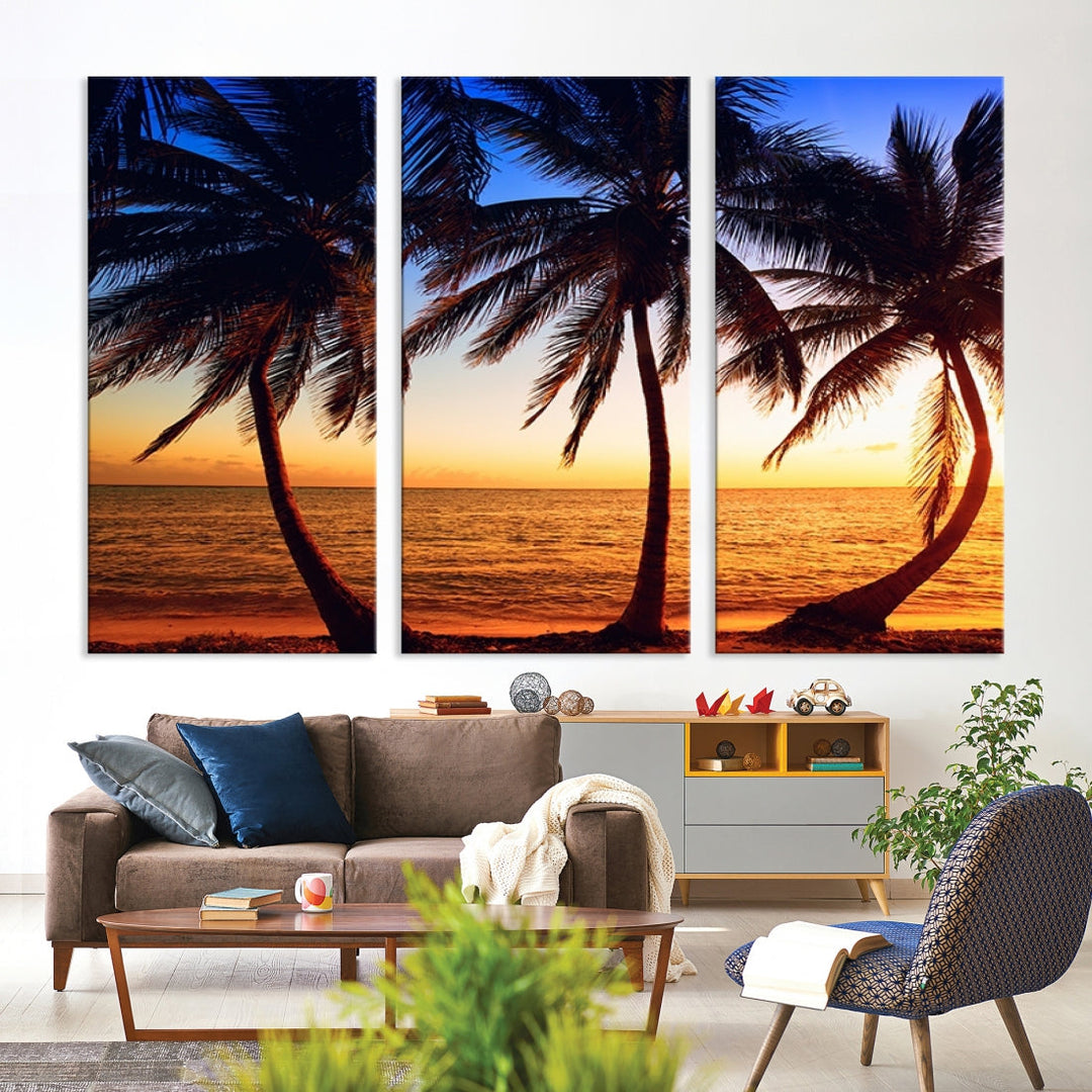 Palms at Sunset on Beach Large Canvas Art Print for Living Room Hallway Wall Decor