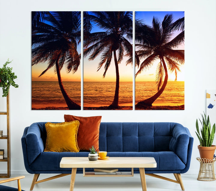 Palms at Sunset on Beach Large Canvas Art Print for Living Room Hallway Wall Decor