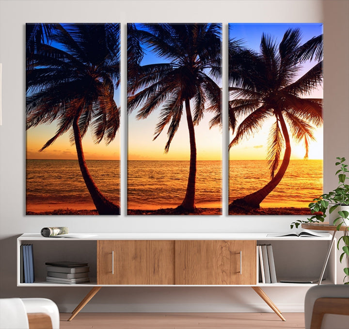 Palms at Sunset on Beach Large Canvas Art Print for Living Room Hallway Wall Decor