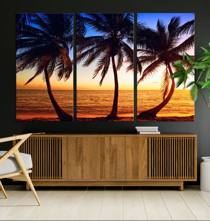 Palms at Sunset on Beach Large Canvas Art Print for Living Room Hallway Wall Decor